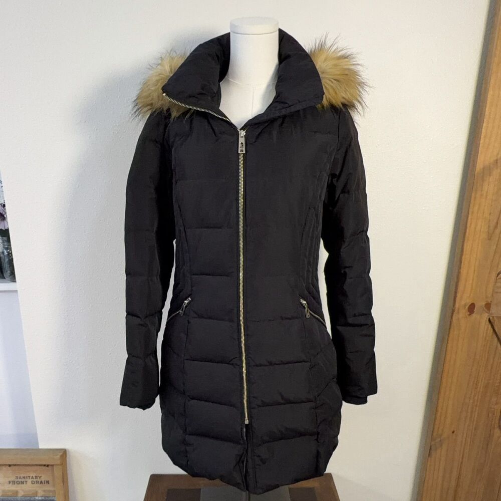Ivanka Trump Women's Black Down Puffer Coat Mid-Length Hooded Faux Fur Trim M